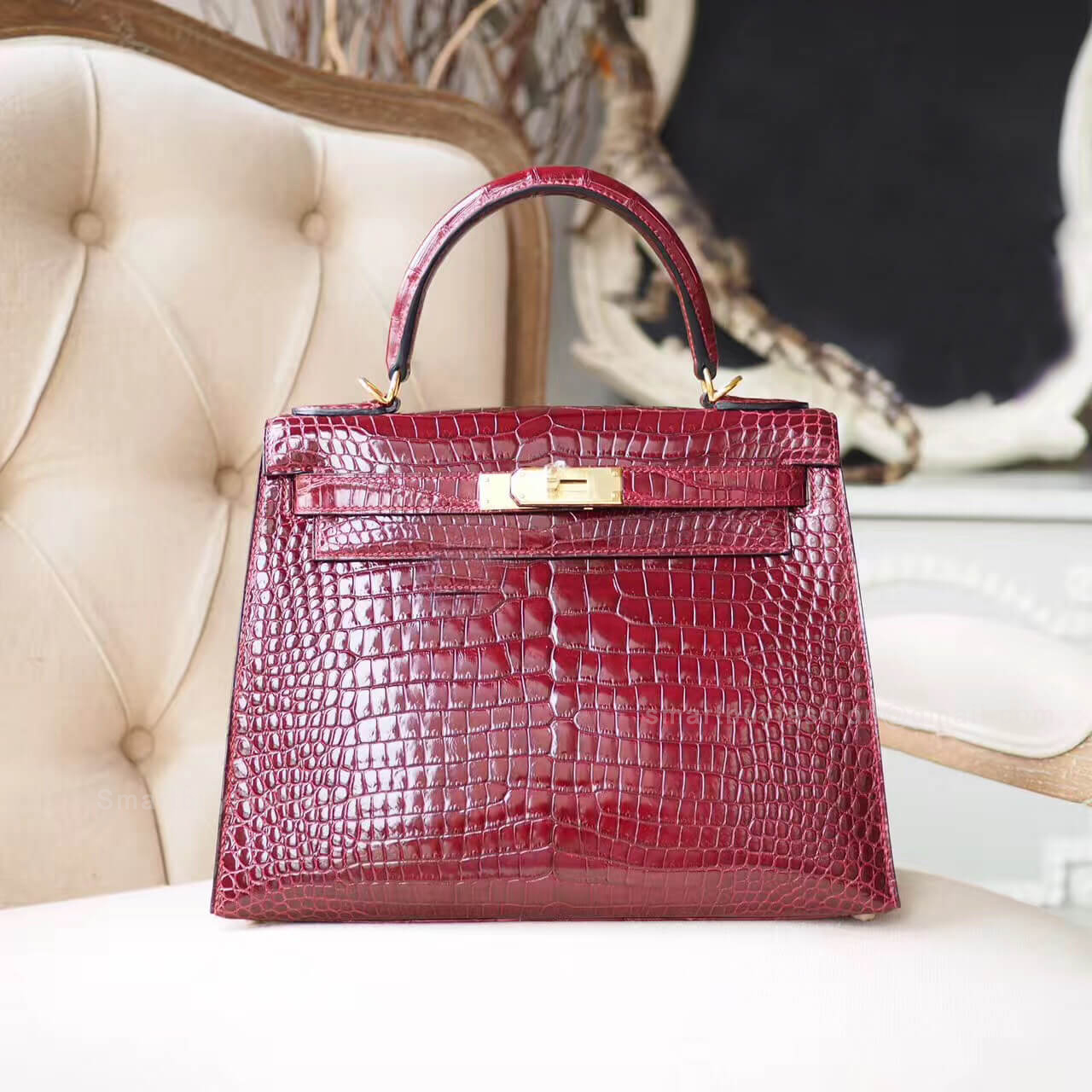 Hermes Kelly 28 Bag in ck57 Bordeaus Shiny Porosus Croc PHW